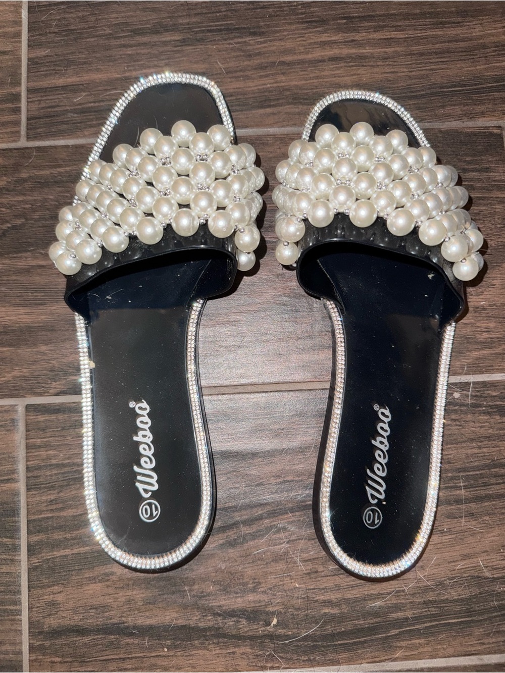 Weeboo Pearl-Embellished Black Slide Mules